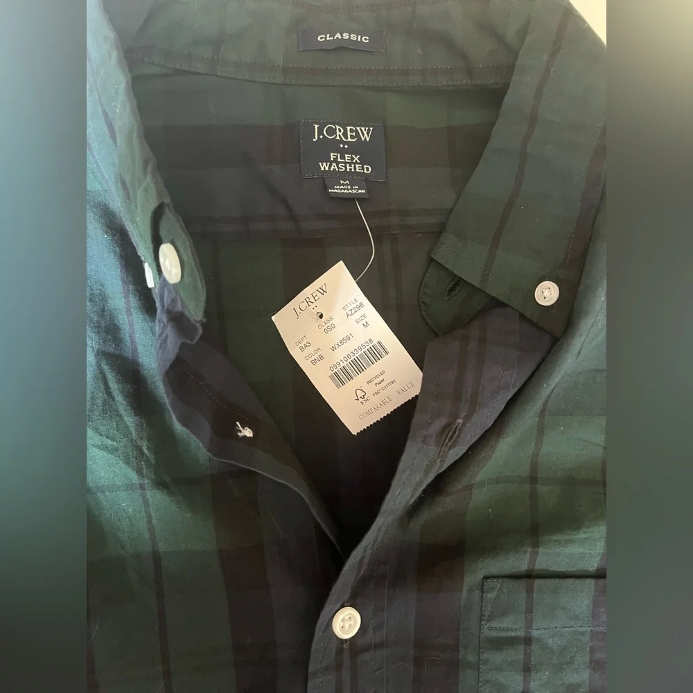 NWT Men's J.Crew Navy Green Plaid Flex Washed Classic Fit Casual Shirt M Holiday